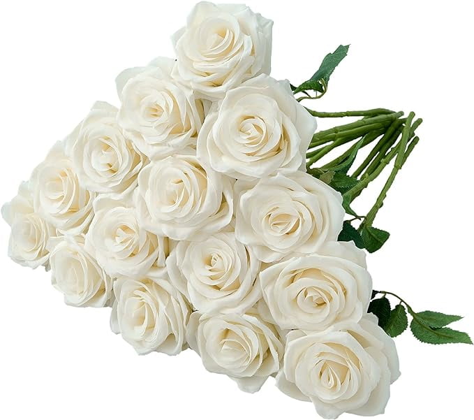 Zukuco 15pcs Champagne Roses Artificial Flowers Silk Flowers Realistic Roses Bouquet Long Stem for Wedding Home Party Birthday Decoration (White)