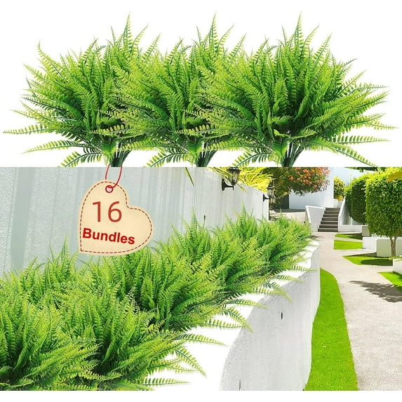 Zukuco 16 Pcs Artificial Boston Fake Fern Plants Bushes Faux Plants Shrubs Greenery UV Resistant for House Office Garden Indoor Outdoor Décor