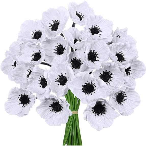 Zukuco 16 Pcs Artificial Flowers White Poppy Anemone Stems PU Real Touch Poppy Anemones Fake Flowers for Wedding Bouquets Corsages Centerpiece Floral Arrangements Décor