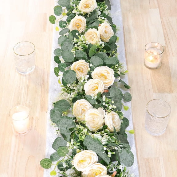 Zukuco 2 Pack 12Ft Artificial Eucalyptus Flower Garland with Roses, Fake Rose Flower Greenery Garland Floral Vines for Wedding Home Party Table Runner Decor (2PCS, champagne)