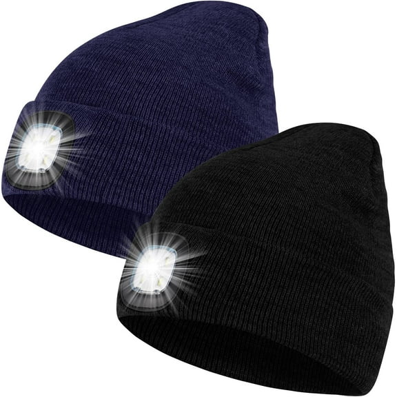 Zukuco 2 Pack LED Beanie Hat with Light, USB Rechargeable Knit Lighted hat Cap Warm Winter Gifts for Men Women Outdoor Hiking Camping