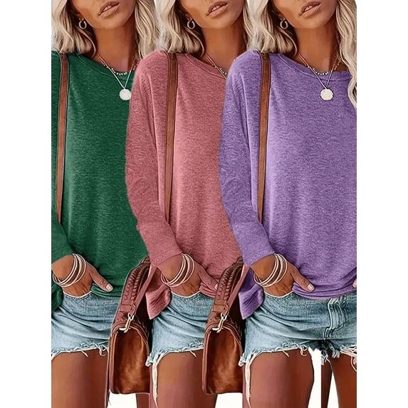 Zukuco 3 Pack Plus Size Long Sleeve T-Shirts for Women - Crew Neck Fall Tops Loose Fit Casual Tee Tunic Shirts (1X-5X)