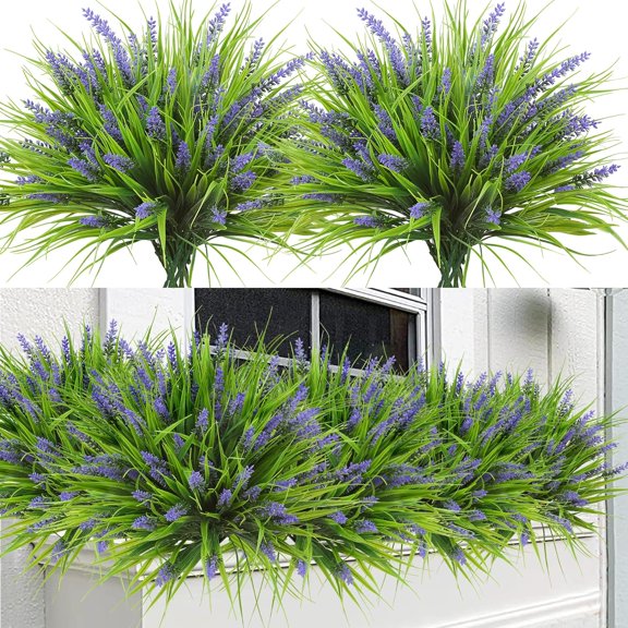 Zukuco 4 Bundles Artificial Plants Outdoor Faux Lavender Flowers Fake Monkey Grass UV Resistant Plastic Greenery Plants for Garden Home Porch Window Patio Hanging Planter Indoor Decor (Purple)