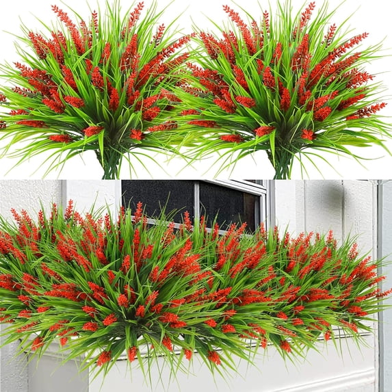 Zukuco 4 Bundles Artificial Plants Outdoor Faux Lavender Flowers Fake Monkey Grass UV Resistant Plastic Greenery Plants for Garden Home Porch Window Patio Hanging Planter Indoor Decor (Red)