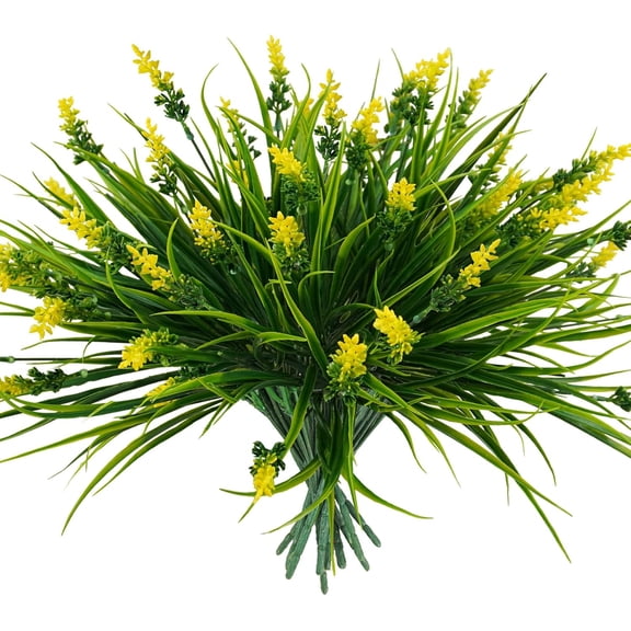 Zukuco 4 Bundles Artificial Plants Outdoor, UV Resistant Faux Monkey Grass Greenery Stems No Fade Faux Plastic Flowers Shrubs for Home Weddings Garden Porch Front Patio Office Decor (Yellow)
