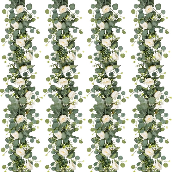 Zukuco 4 Pack 24Ft Artificial Eucalyptus Flower Garland with Roses, Fake Rose Flower Greenery Garland Floral Vines for Wedding Home Party Table Runner Decor (4PCS, white)