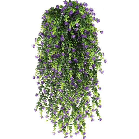 Zukuco 4PCS Artificial Hanging Eucalyptus Flowers Plastic Boxwood Greenery Garland Leaf Vines for Front Porch Hanging Wall Indoor Outdoor Decor (Purple)