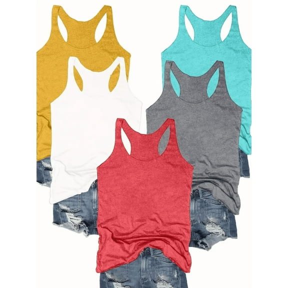 Zukuco 5-Pack Women's Racerback Tank Top Summer Casual Crew Neck Basic Sleeveless Shirts, 2XL