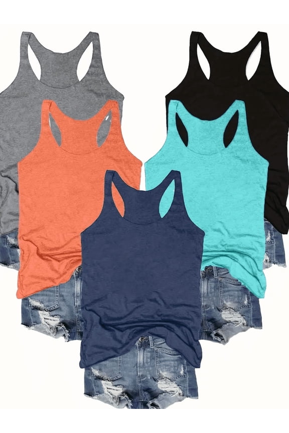 5-Pack Women's Racerback Tank Top Summer Casual Crew Neck Basic Sleeveless Shirts, XL