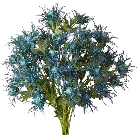 Zukuco 6 Branch Artificial Thistle Flower Bouquet Long Stem Rustic Blue Thistle Flower Fake Sea Holly for Decor Home Wedding Bouquet