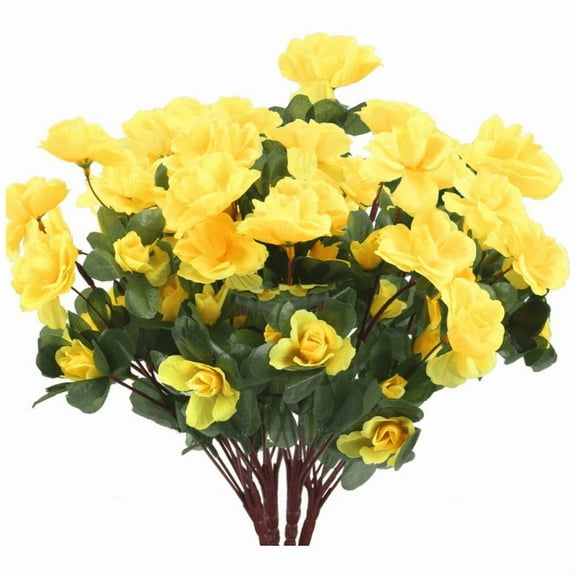 Zukuco 6 Bundles Artificial Azalea Faux Outdoor Flowers Plants, Fake Silk Camellia UV Resistant for Outside Porch Patio Balcony Garden Yard Home (Yellow)