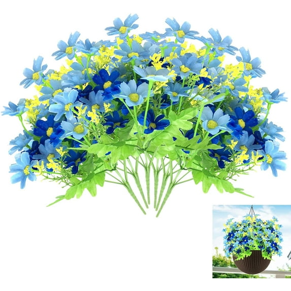Zukuco 6 Bundles Artificial Flowers Blue Silk Daisy for Garden Porch Window Patio Lawn, Outdoor Fake Flowers Home Wedding Decor, No Basket