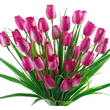 Zukuco 6 Bundles Tulips Artificial Flowers,30 Heads Outdoor Artificial Tulip Faux Plastic Greenery Shrubs Plants UV Resistant for Easter Home Outside Garden Porch Window Decor, Purple