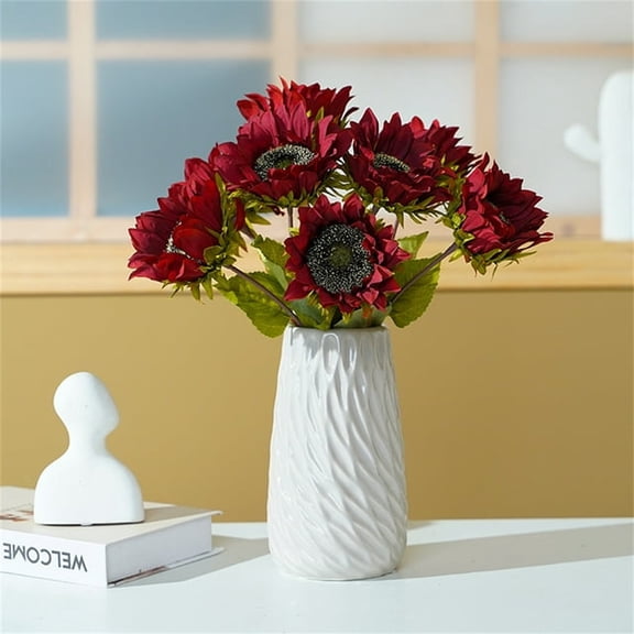 Zukuco 6PCS Vintage Sunflowers Artificial Flowers Long Stem Silk Fake Large Sunflowers Bouquet Arrangement for Vase Wedding Table Home Porch Indoor Outdoor Cemetery Decorations (Red)