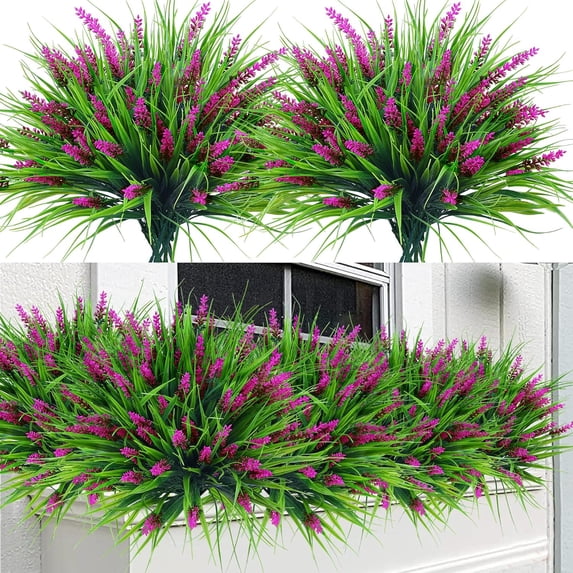 Zukuco 8 Bundles Artificial Plants Outdoor Faux Lavender Flowers Fake Monkey Grass UV Resistant Plastic Greenery Plants for Garden Home Porch Window Patio Hanging Planter Indoor Decor (Magenta)