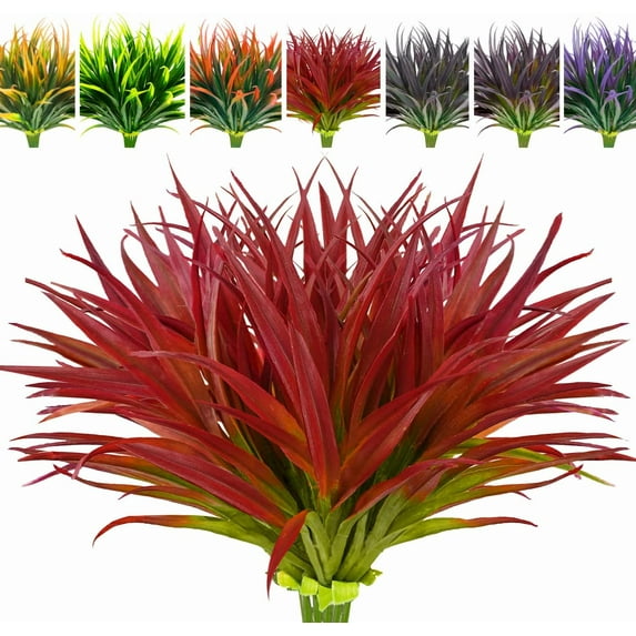 Zukuco 8pcs Artificial Outdoor Plants, Fake Grass Greenery Shrubs UV Resistant Faux Plastic Plants Garden Porch Window Box Décor (Rose Red)