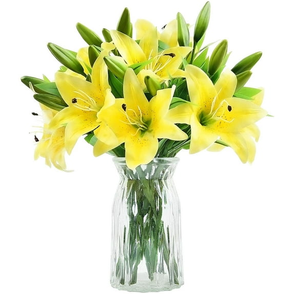 Zukuco 8Pcs Artificial Tiger Lily Flower Bouquet Fake Latex Lilies Flower Bulk for Home Table Wedding Indoor Outdoor Decor (Yellow)