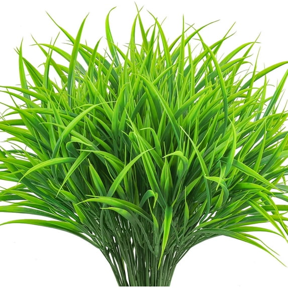 Zukuco 8pcs Artificial Shrub Outdoor Fake Grass Greenery Stems UV Resistant Faux Plastic Plants for Spring Summer Home Garden Pathway Window Box Front Porch Decor (Green)