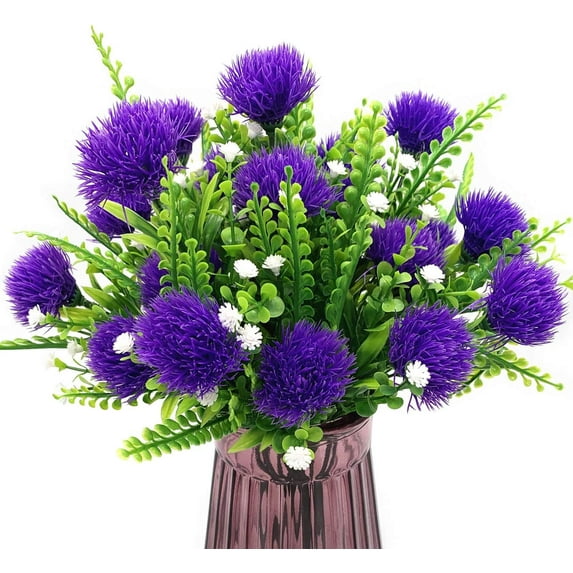 Zukuco Artificial Dandelion Flowers, Plastic Plants Shrubs Bushes Fake Grass Wedding Indoor Outdoor Home Garden Arrangements Party Decoration Planting Filler - Purple 4 Pcs