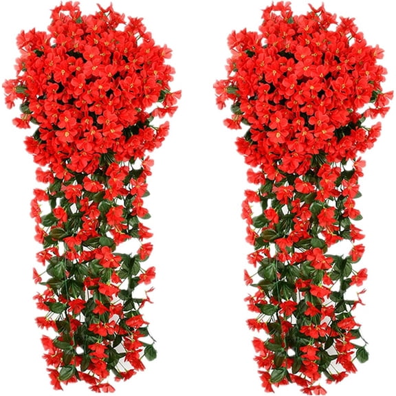 Zukuco Artificial Fake Hanging Plants Flowers for Outdoor Outside, 2 PCS Faux Silk Fuchsia Violet Long Vines UV Resistant Look Real for Home Porch Patio Planter Decoration (Red)