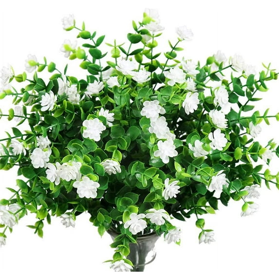 Zukuco Artificial Flowers Outdoor Fake UV Resistant Plants Faux Plastic Greenery Shrubs for Outside Hanging Planter Home Kitchen Office Wedding Garden Decor(White)