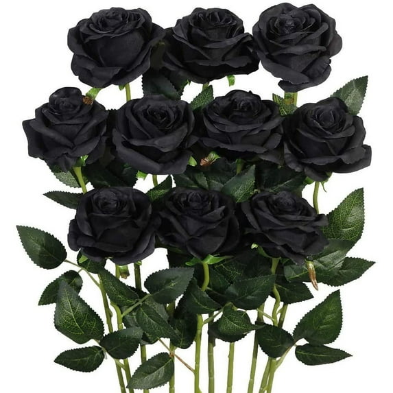 Zukuco Artificial Silk Black Rose Flower Bouquet Wedding Party Home Decor, Pack of 10-Black