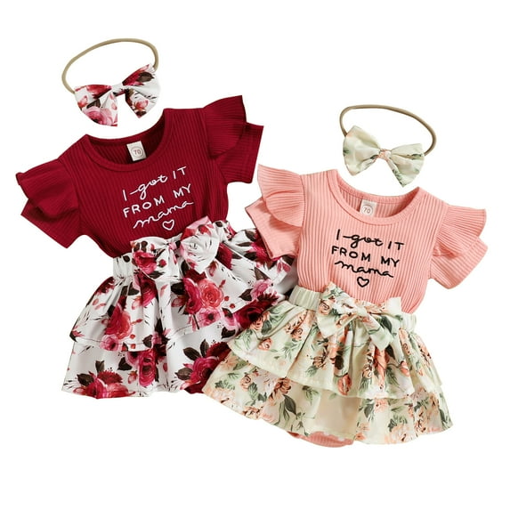 Zukuco Baby Girl Clothes, Infant Baby Girl Outfits "I got it from my mama" Short Sleeve Ruffle Romper Floral Shorts Newborn Outfit