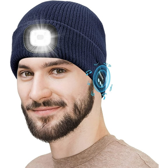 Zukuco Bluetooth Beanie Hat with LED Light and Wireless Headphone, Winter Headlamp Beanie Cap for Men Dad Women, Birthday Christmas Valentines Day Gift