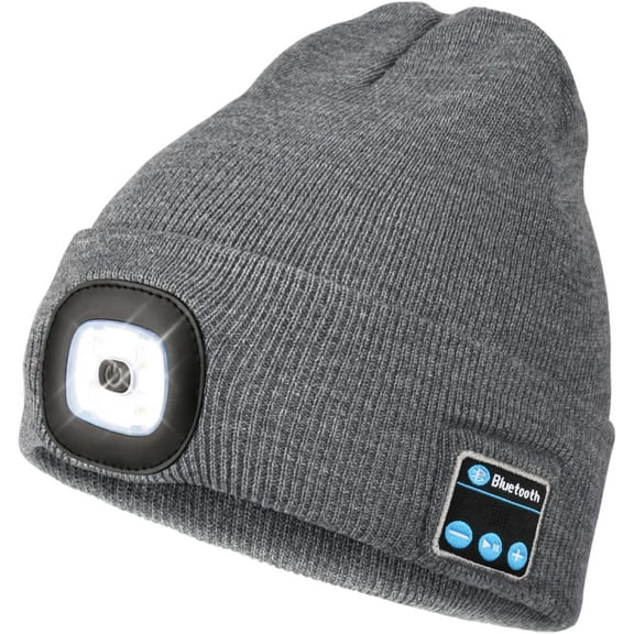 Zukuco Bluetooth Beanie Hat with Light, USB Rechargeable 4 LED Headlamp Cap with Wireless Headphones, Christmas Birthday Gifts for Men Women Husband Teen