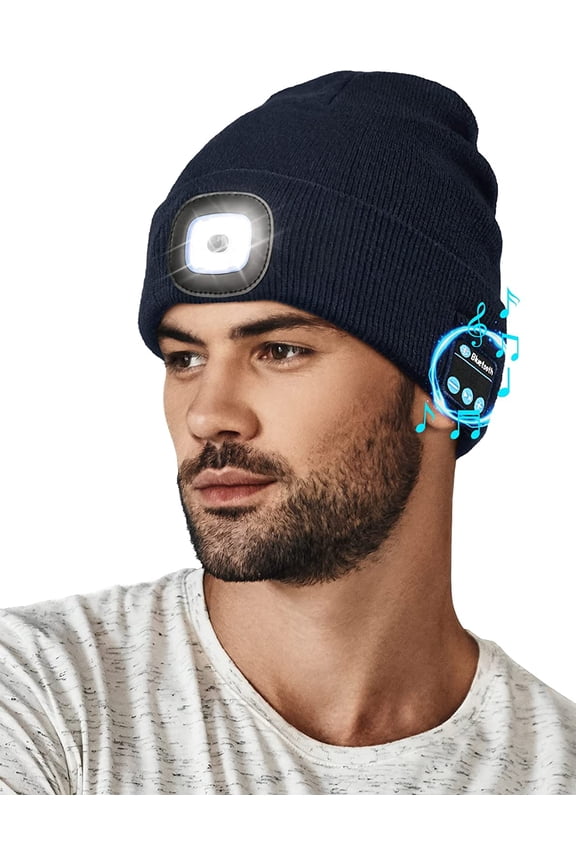 Bluetooth Beanie Hat with Light, USB Rechargeable 4 LED Headlamp Cap with Wireless Headphones, Christmas Birthday Gifts for Men Women Husband Teen