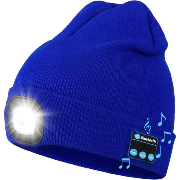 Zukuco Bluetooth Beanie Hat with Light, USB Rechargeable 4 LED Headlamp Cap with Wireless Headphones, Christmas Birthday Gifts for Men Women Husband Teen
