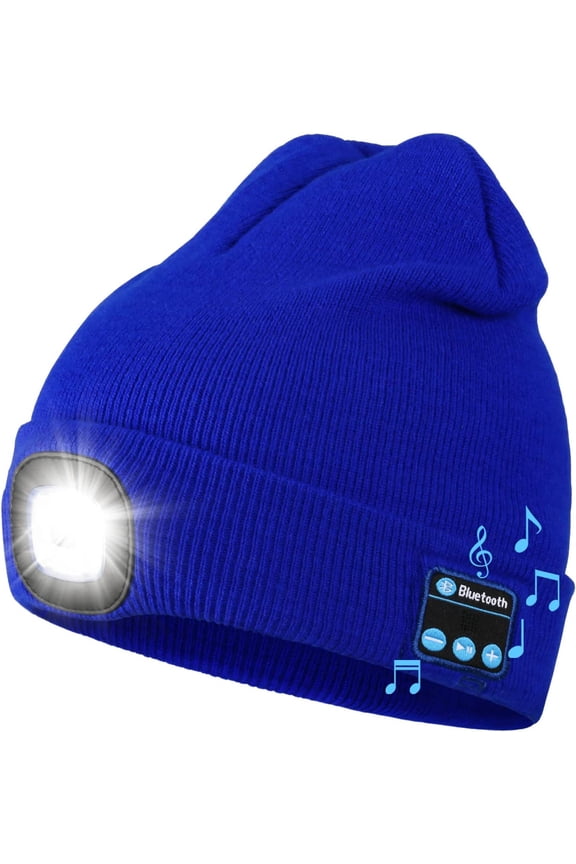 Bluetooth Beanie Hat with Light, USB Rechargeable 4 LED Headlamp Cap with Wireless Headphones, Christmas Birthday Gifts for Men Women Husband Teen