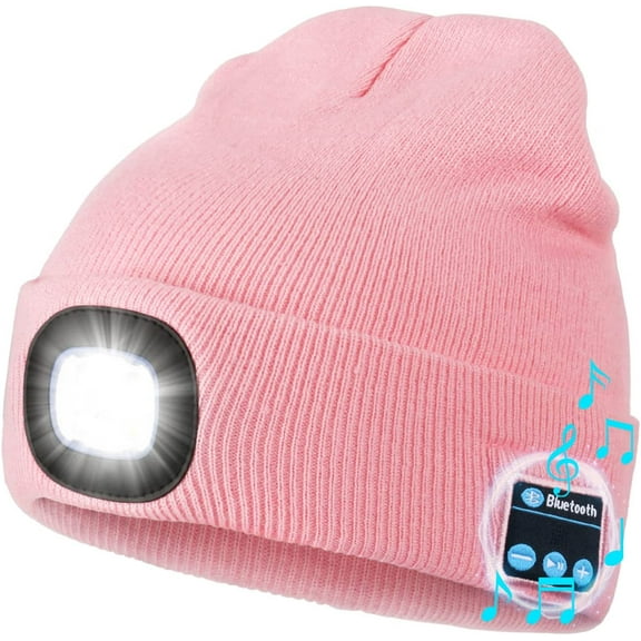 Zukuco Bluetooth Beanie Hat with Light, USB Rechargeable 4 LED Headlamp Cap with Wireless Headphones, Christmas Birthday Gifts for Men Women Husband Teen