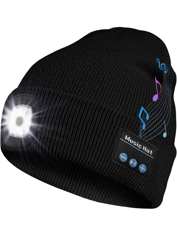 Bluetooth Beanie Hat with Led Light, Rechargeable Headlamp Music Beanie Cap Gifts for Men Women