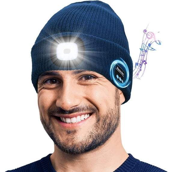 Zukuco Bluetooth Beanie Hat with Light, USB Rechargeable Winter Knitted Cap with Headphones & Mic, Gifts for Men Women