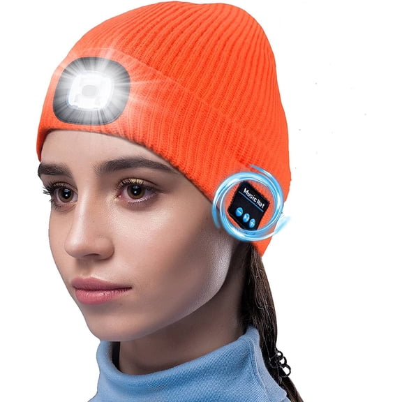 Zukuco Bluetooth Beanie Hat with Light, USB Rechargeable Winter Knitted Cap with Headphones & Mic, Gifts for Men Women