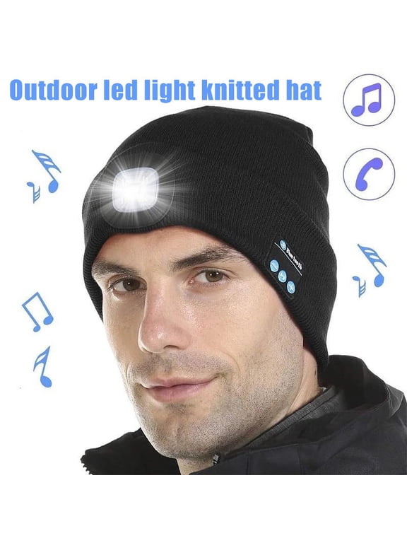 Bluetooth Music Beanie Hat with LED Headlight Lighted Winter Beanie Cap Rechargeable Warm Knit Hat for Men Outdoor Sport Gifts