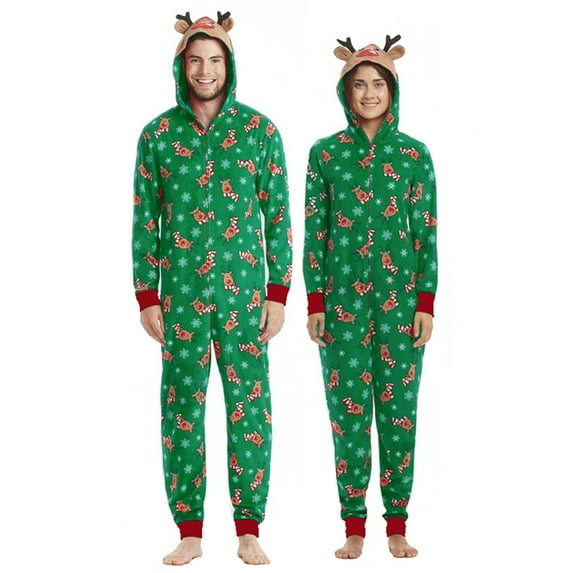 Zukuco Christmas Couple Matching Pajamas Reindeer Long Sleeve One Piece Jumpsuit Zipper Pjs for Men Women