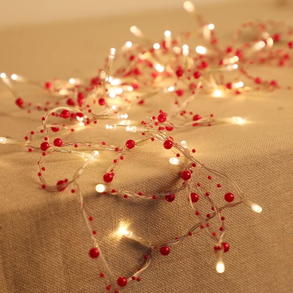 Zukuco Christmas Red Berry Garland Lighted Berry Beaded Garland Battery Operated Lights for Holiday Indoor Christmas Tree Decorations(16.4FT 50 LED)
