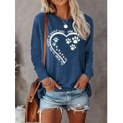 Zukuco Dog Paw Love Heart Print T-Shirt for Women Long Sleeve Dog Mom Graphic Tees Tops Crewneck Shirts