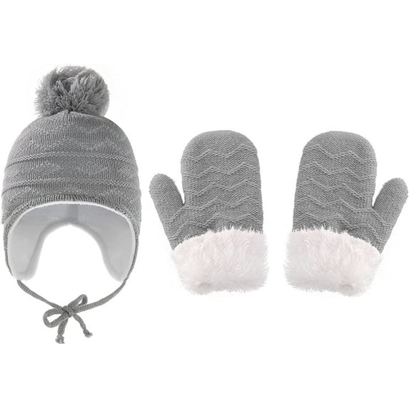 Zukuco Kids Baby Winter hat, Knit Hat Gloves Set Wool Fleece Warm Beanie Toddler Hats Boys Girls Warm Caps Glove
