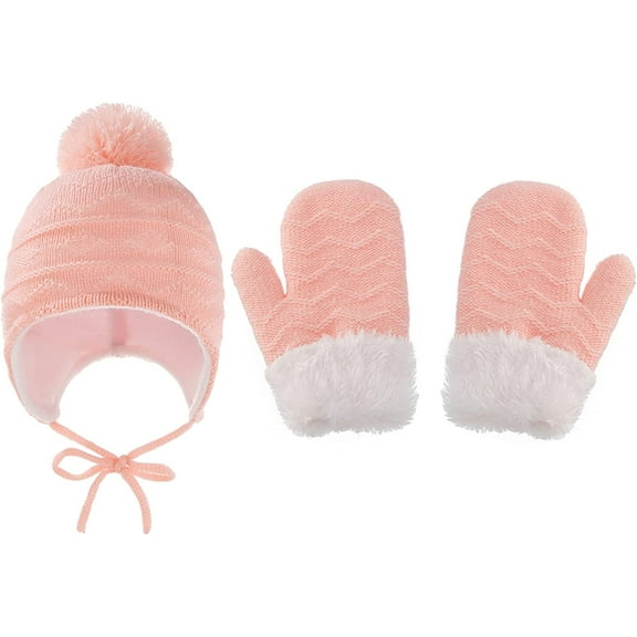 Zukuco Kids Baby Winter hat, Knit Hat Gloves Set Wool Fleece Warm Beanie Toddler Hats Boys Girls Warm Caps Glove