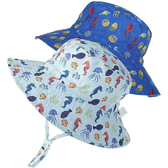 Zukuco Kids Sun Hat Toddler Cartoon Dinosaur Flowers Print Summer Bucket Hat Wide Brim Beach Hats for Baby Boys Girls, Pack of 2