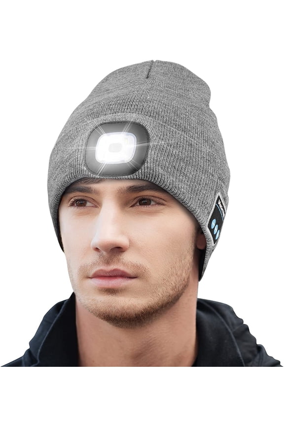 LED Bluetooth Beanie Hat with Light, Music Beanie Hat, Rechargeable Headlamp Knitted Beanie for Men Women Dad