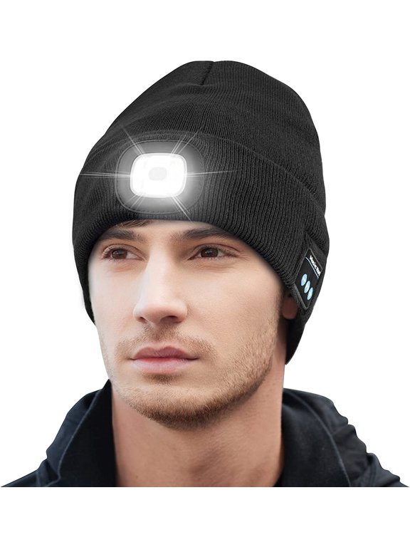LED Bluetooth Beanie Hat with Light, Music Beanie Hat, Rechargeable Headlamp Knitted Beanie for Men Women Dad