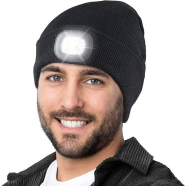 Zukuco Men LED Beanie with Light, Gifts for Men Women Dad Him, USB Rechargeable Lighted Cap 4 LED Headlamp Hat, Warm Winter Knitted LED Hat with Flashlight