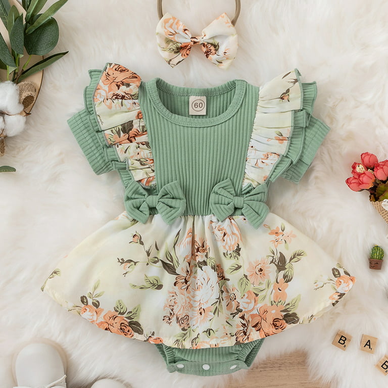 Zukuco Newborn Baby Girl Spring Summer Clothes Ruffle Sleeve Floral Dress  Jumpsuit Baby Outfit, Green 6-9 Months