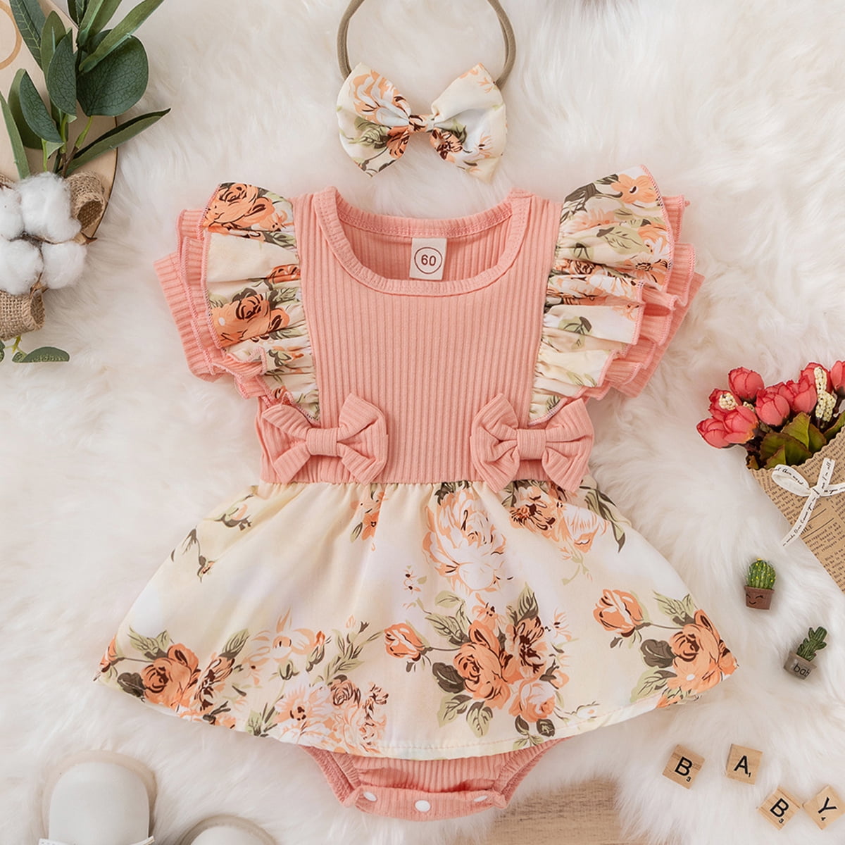 Zukuco Newborn Baby Girl Spring Summer Clothes Ruffle Sleeve Floral Dress  Jumpsuit Baby Outfit, Green 0-3 Months 