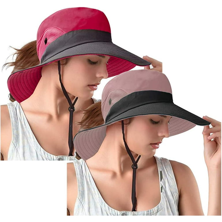 Zukuco Ponytail Sun Bucket Hats for Women UV Protection Foldable Mesh Wide  Brim Hiking Beach Fishing Summer Safari
