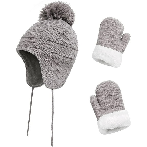 Zukuco Toddler Winter Hat with Mittens Set, Baby Kids Warm Fleece Knit Beanie Hat Thick Gloves Skiing Cap for Boys Girls